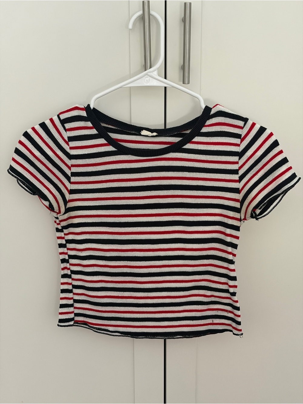 Garage Striped Ribbed Crop Tee - Black, White & Red